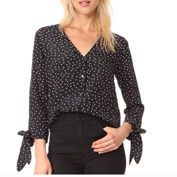 Madewell Silk Star Scatter Tie-Sleeve Black Shirt White Stars 2/3 sleeve Sz. XS - Picture 7 of 16